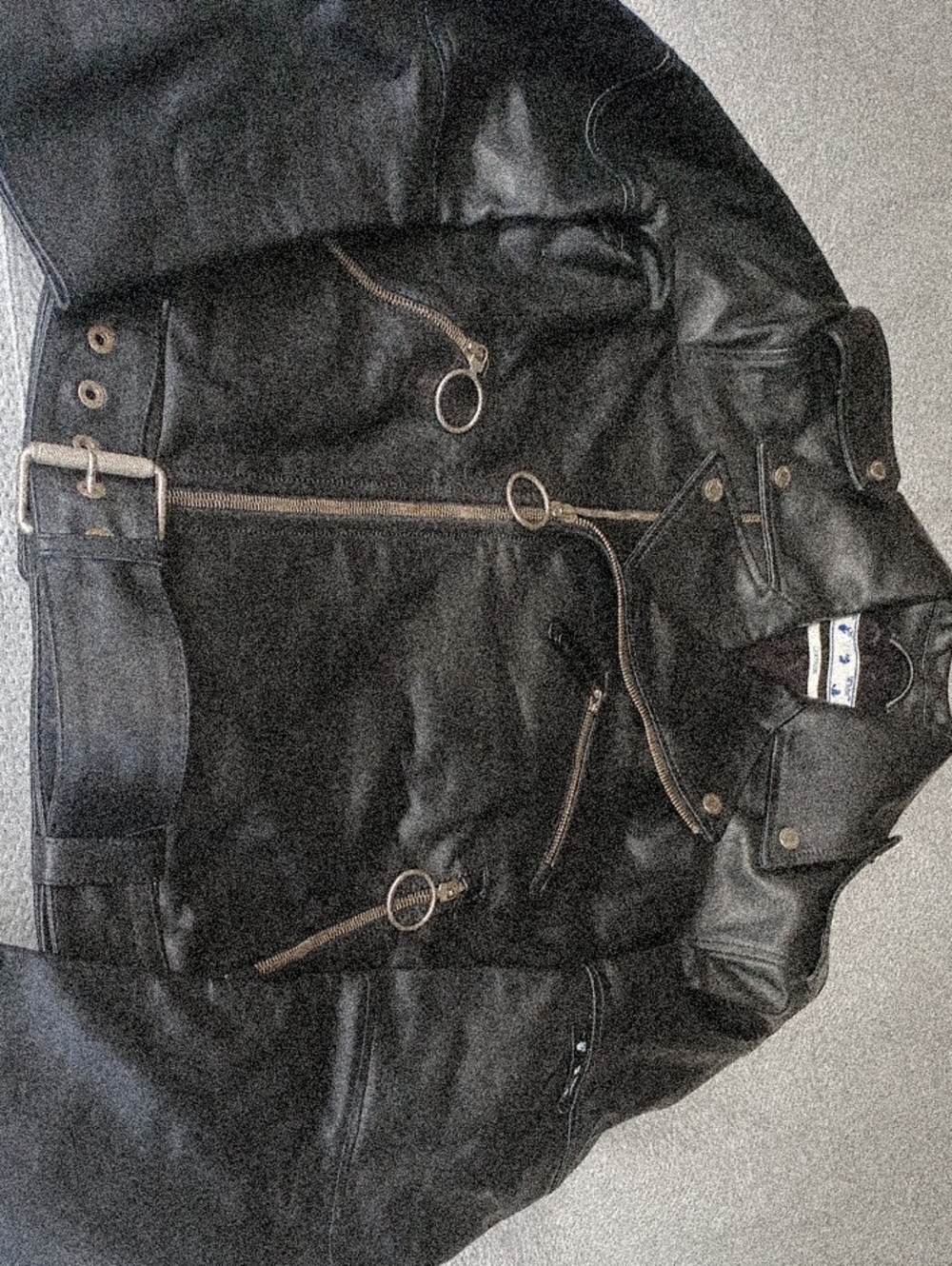 Off-White Black Leather Bomber Jacket with Ring Zips